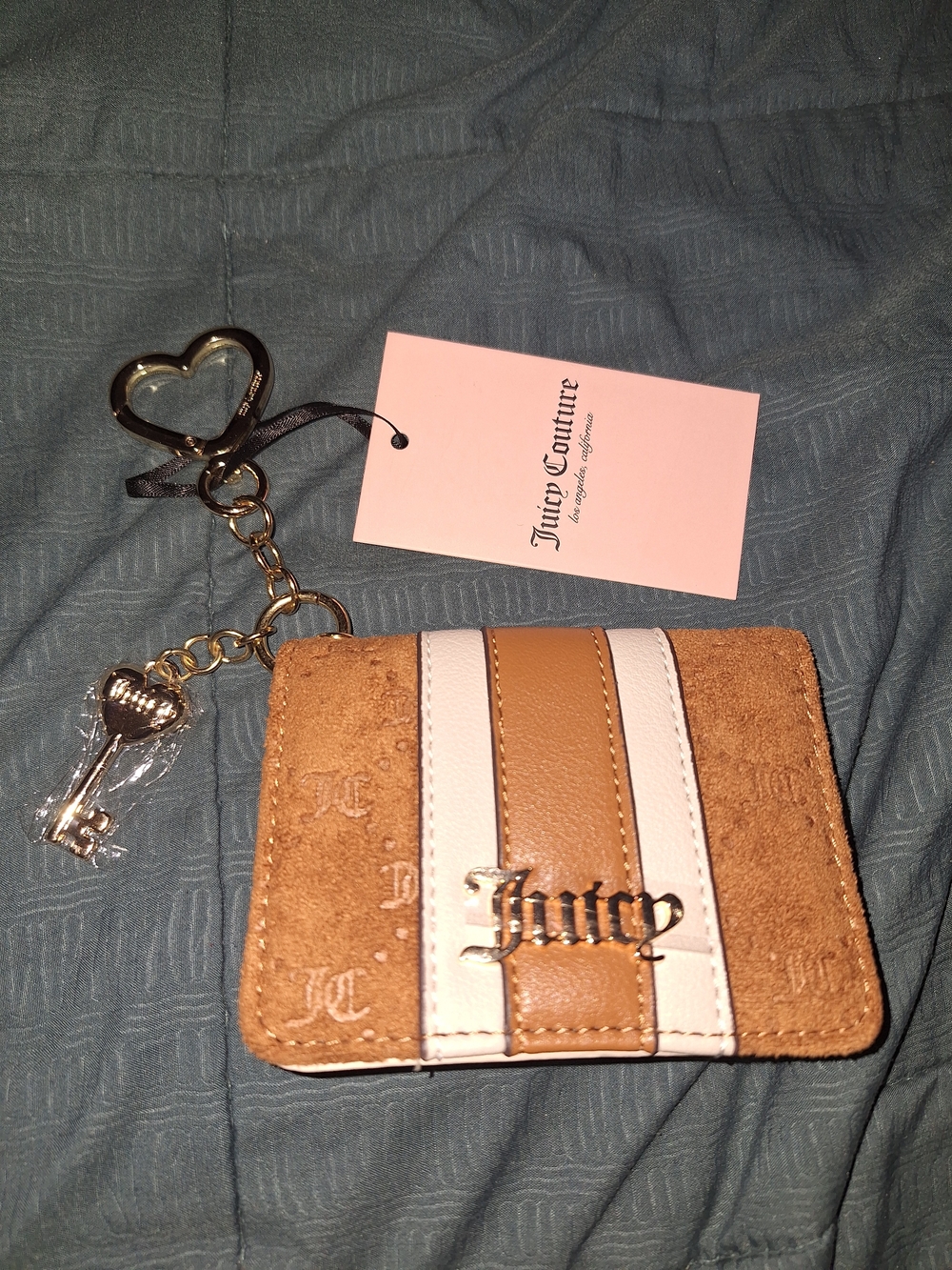 Juicy Couture Tan and White Stripe Card Holder with Gold Keychain Accent